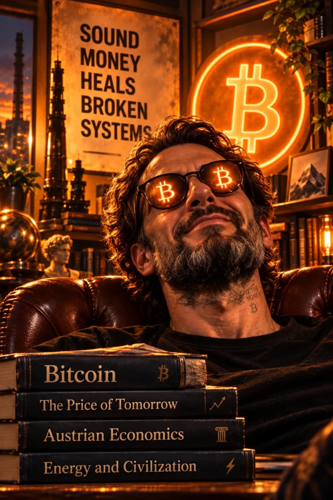 Bitcoin maximalist surrounded by Bitcoin books, orange Bitcoin symbols, and sound money imagery