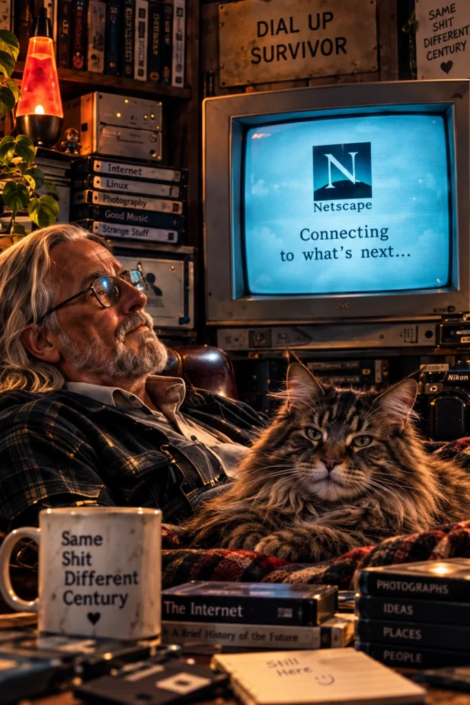 Old internet veteran with a Maine Coon cat watching Netscape on a CRT surrounded by vintage web and Linux memorabilia