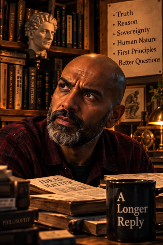 Nostr reply-guy philosopher surrounded by books on truth, reason, sovereignty, and first principles