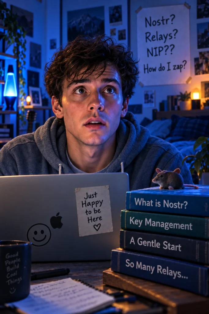 New Nostr user learning about relays, NIPs, zaps, and key management on a laptop