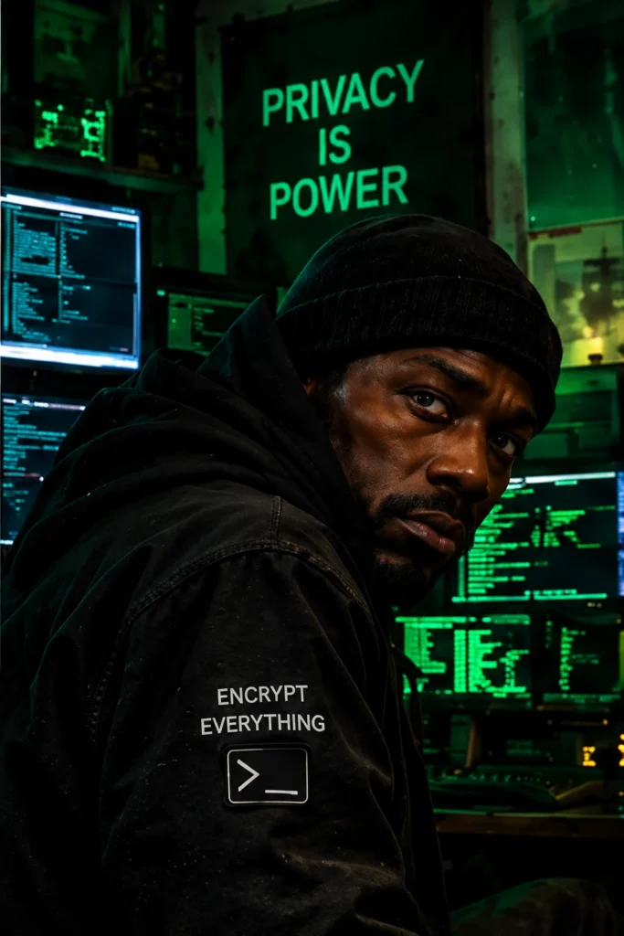 Nostr hacker and cypherpunk surrounded by encrypted terminals and privacy-focused computer systems