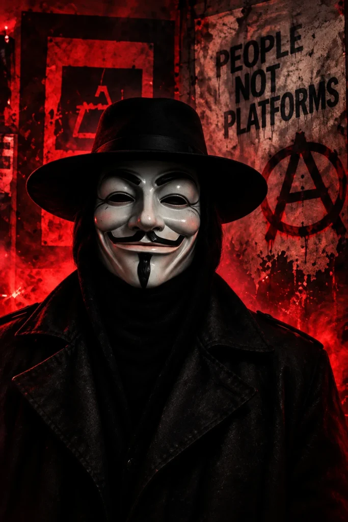 Nostr Anonymous-style activist in a Guy Fawkes mask representing privacy, pseudonymity, and decentralized social media
