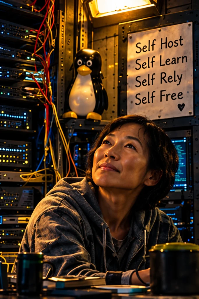 Nostr self-hosting Linux user surrounded by servers, network cables, and open-source infrastructure
