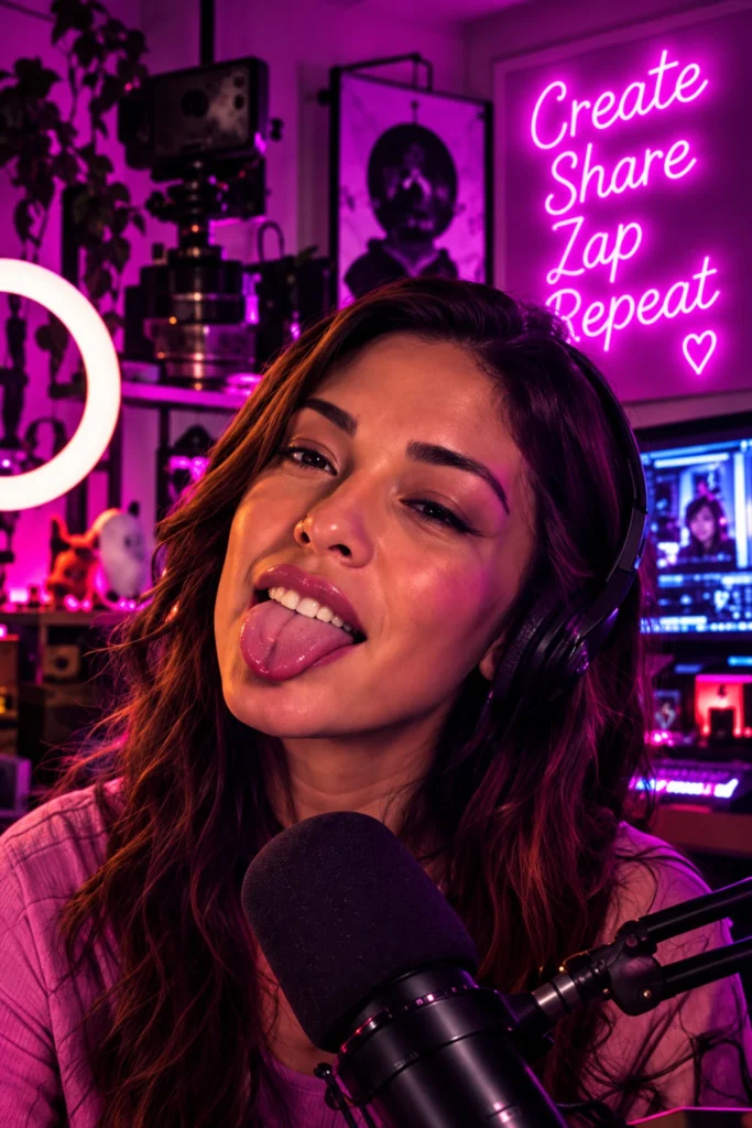 Nostr independent creator and podcaster recording content with microphone, camera, headphones, and video editing setup