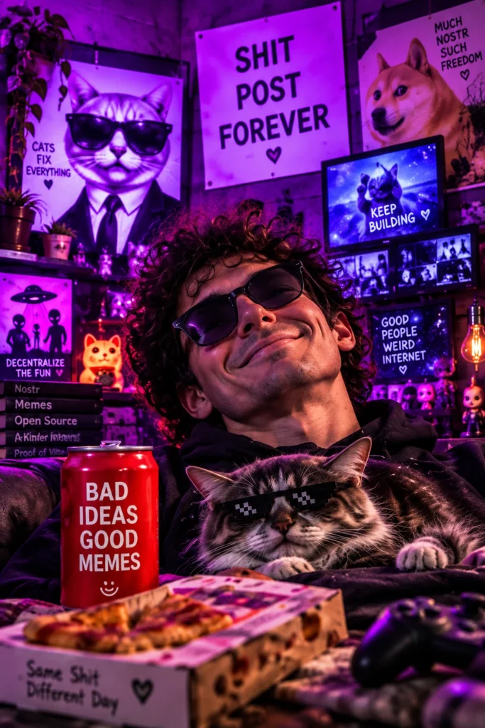 Nostr meme lord and shitposter relaxing with a sunglasses-wearing cat, pizza, memes, and chaotic internet culture