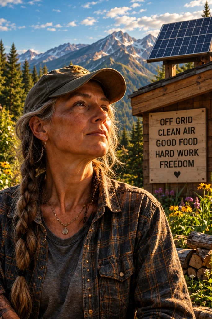 Off-grid Nostr homesteader with solar panels, mountain cabin, and self-reliant lifestyle
