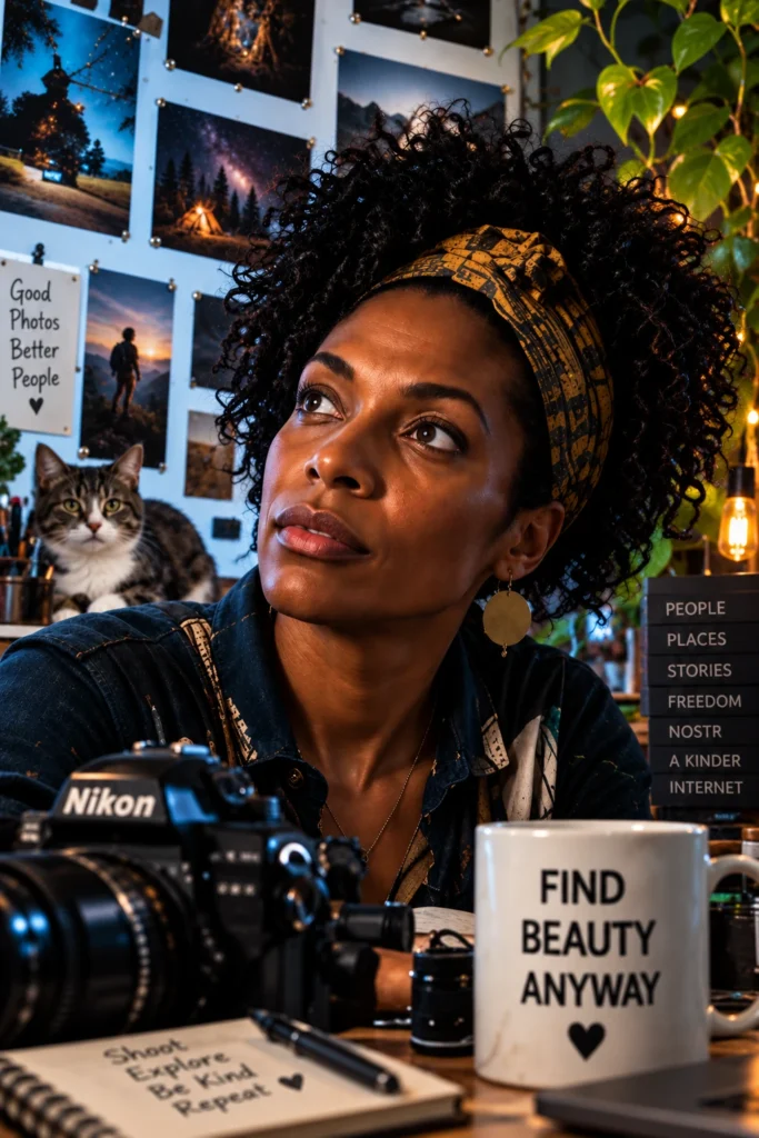 Nostr artist and photographer with Nikon camera, photo prints, and creative workspace