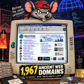 1,967 Ancient Web Domains classic web research list product image with CacheRat mascot above a Netscape-style browser showing an old web directory