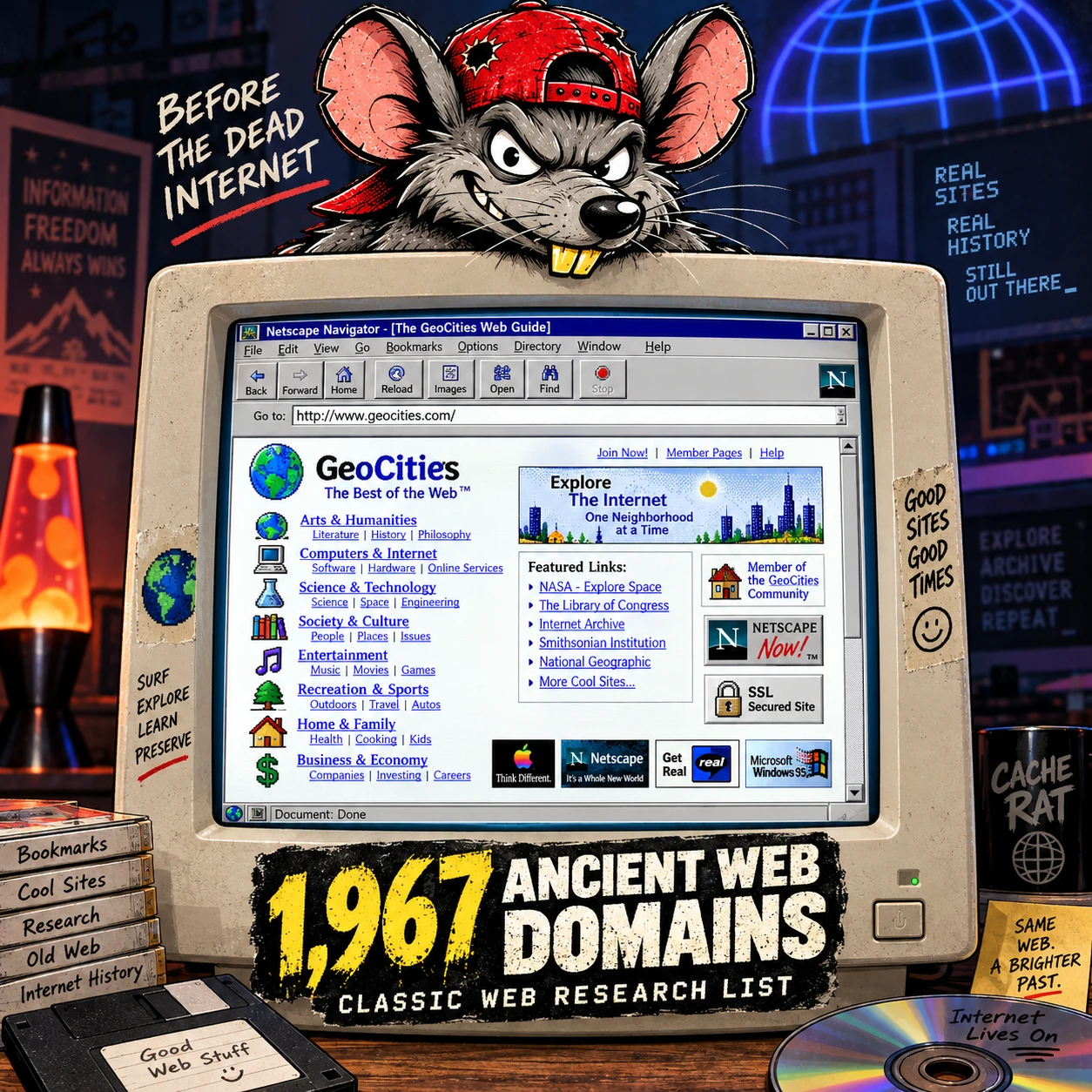 1,967 Ancient Web Domains classic web research list product image with CacheRat mascot above a Netscape-style browser showing an old web directory