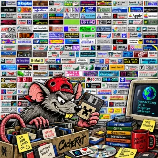 CacheRat mascot inspecting a wall of historic 88x31 web buttons from the 1990s and early 2000s