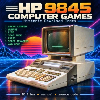 HP 9845 computer with 1980s laser background for historic computer games download index