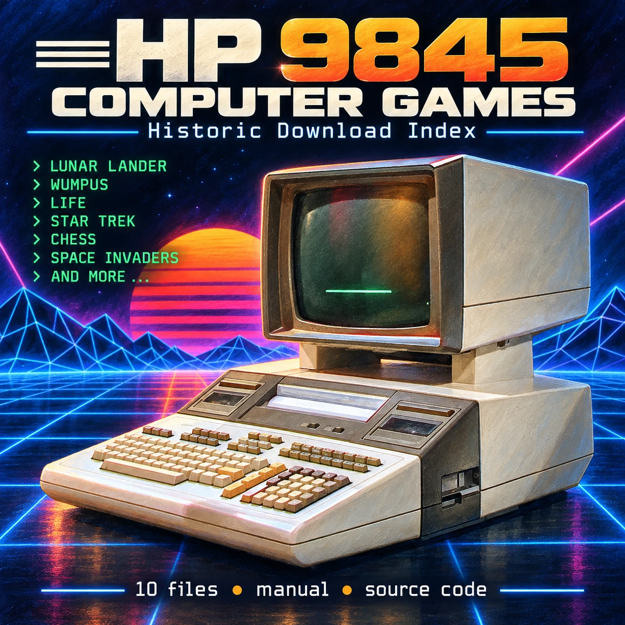 HP 9845 computer with 1980s laser background for historic computer games download index