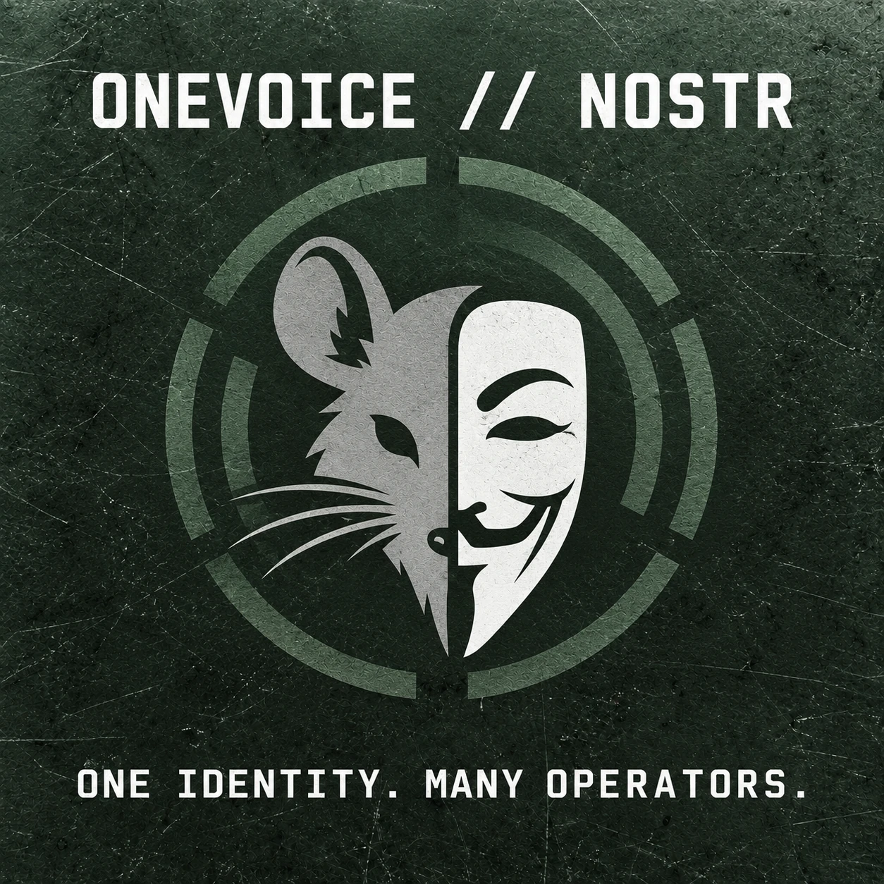 ONEVOICE Nostr shared identity graphic with rat and mask logo and the text “One identity. Many operators.”