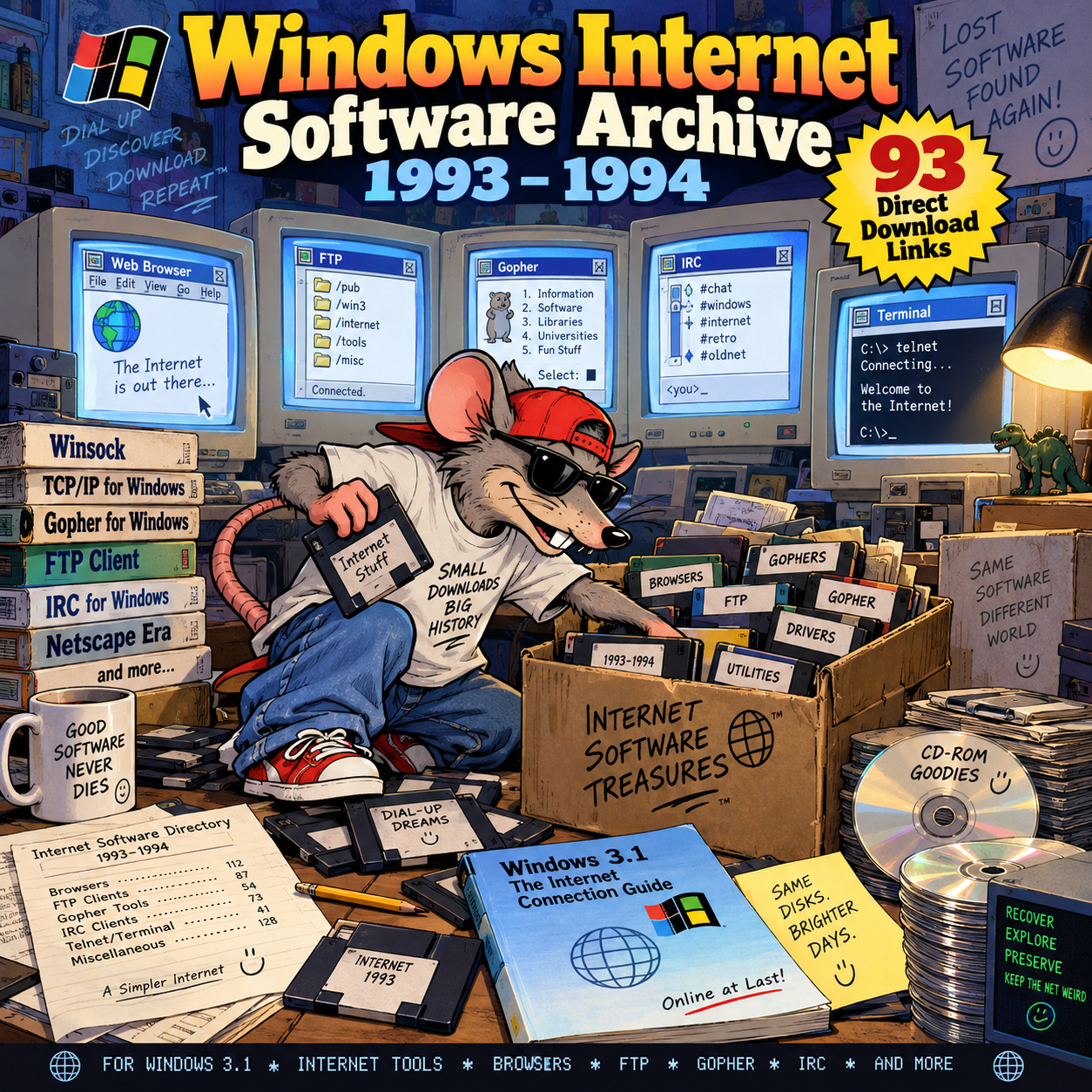 Windows Internet Software Archive 1993–1994 with retro computers, floppy disks, and CacheRat mascot