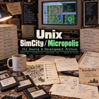 Unix SimCity Micropolis X11 source archive with vintage workstation, source code, Tcl/Tk documentation and city simulation interface