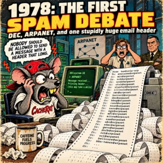 1978 ARPANET first spam debate illustration showing a huge DEC email header, early computer terminals, and the CacheRat mascot reacting to network spam.