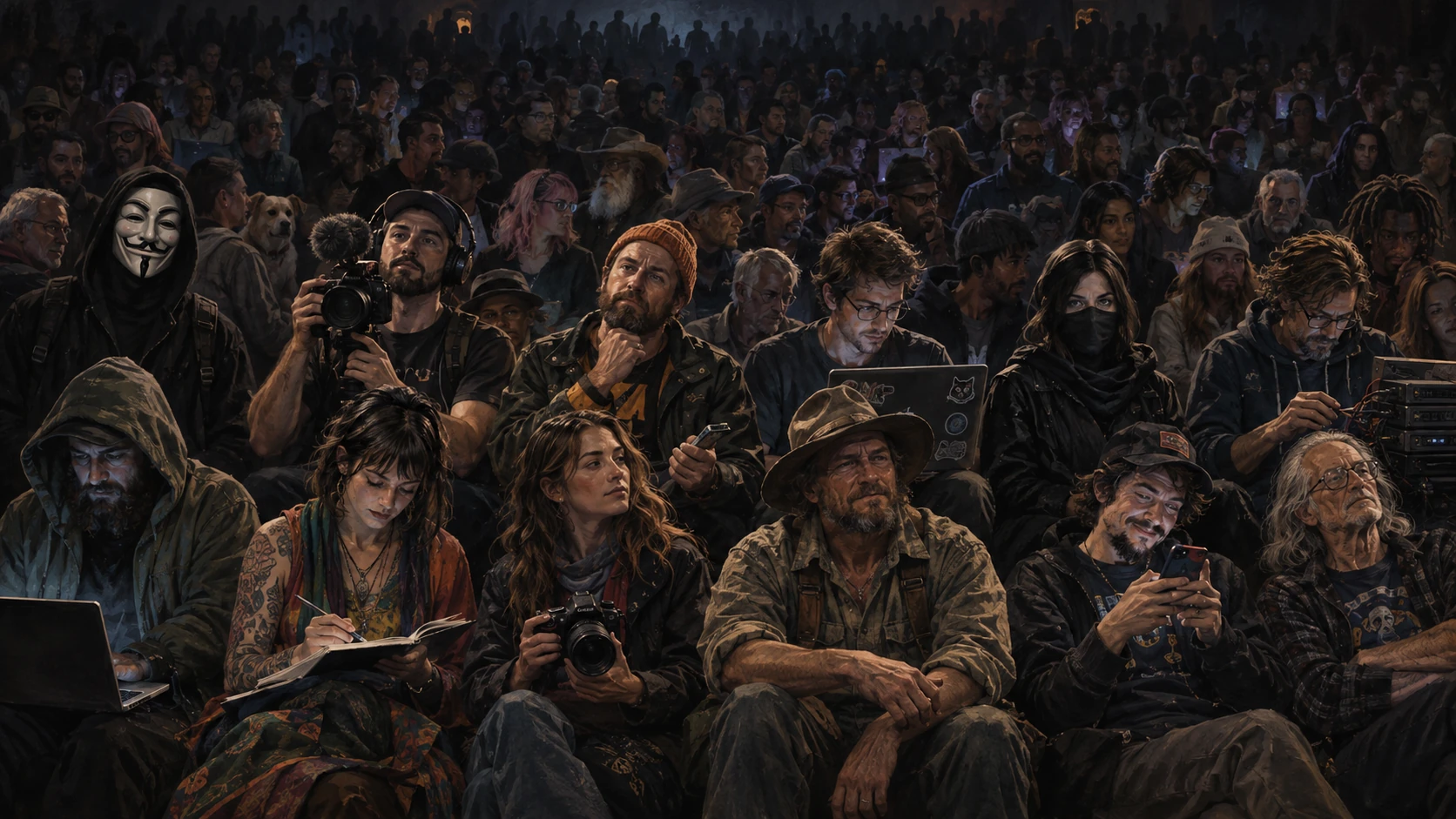 Nostr follow list community with hackers, creators, developers, artists, photographers and independent internet users fading into a dark crowd